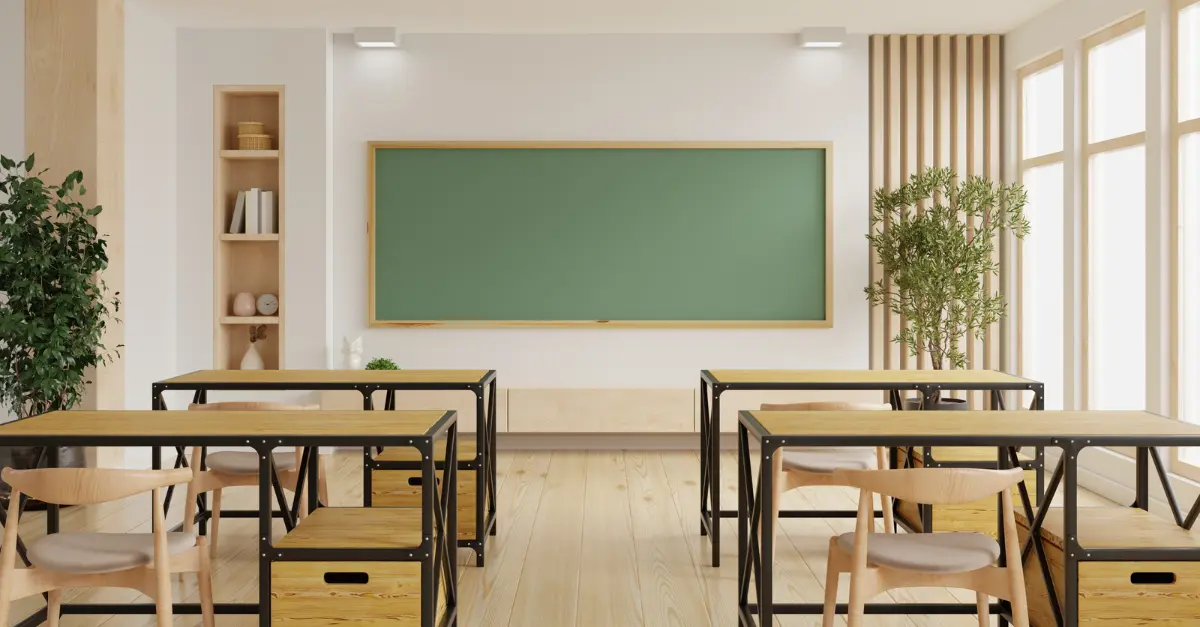 Klasa szkolna z ławkami i tablicą