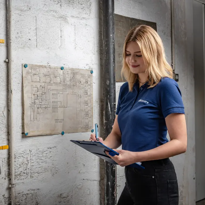 Inżynier lub technik audytu instalacji sprawdza schemat i notuje uwagi na clipboardzie.