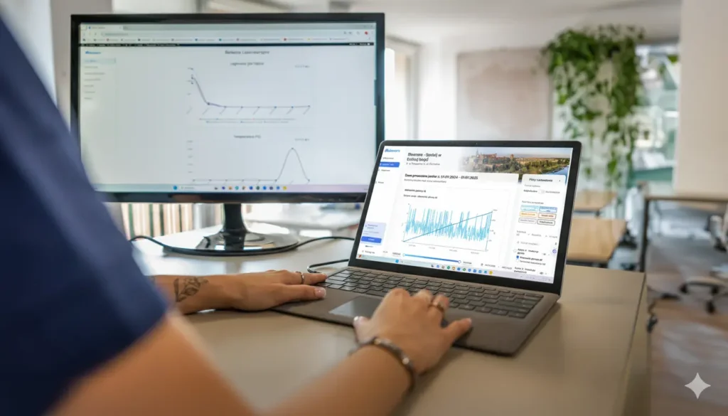 Monitoring online systemu Silion PRO na ekranie, pokazujący dane o bakterii Legionella.
