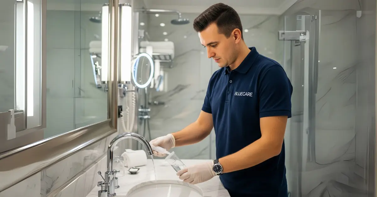 Technik BlueCare pobiera próbkę wody z kranu w luksusowej łazience do badania ze studni
